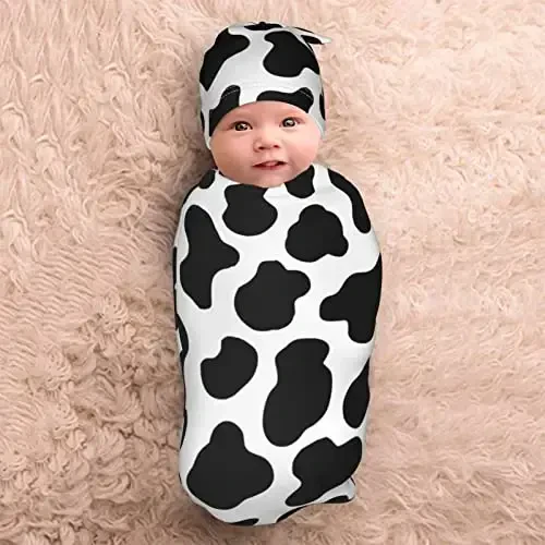 Cow Print Newborn Swaddle Blanket With Hat Set Baby Stuff Receiving Blankets Soft Transition Sleep Sacks Gifts For Infant Boys Girls - 5