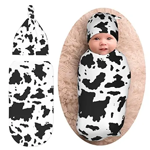 Cow Print Newborn Swaddle Blanket with Hat Set Baby Stuff Receiving Blankets Soft Transition Sleep Sacks Gifts for Infant Boys Girls - NORCHZI