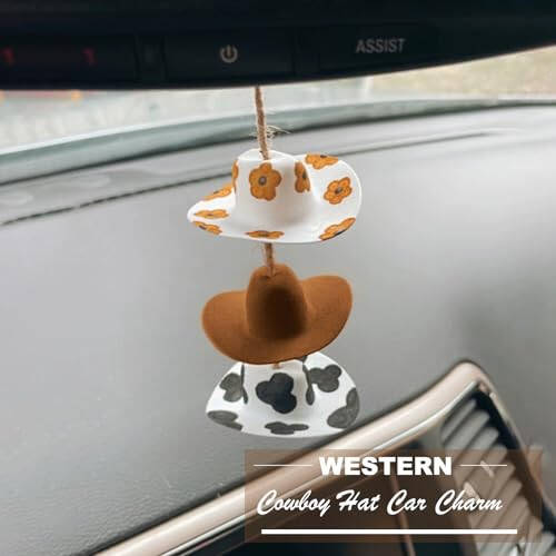 Cowboy Hat Car Charm, Country Rear View Mirror Hanging Accessories, Sunflower Cowgirl Hat Cow Print Car Decor, Cute Handmade Felt Mini Hat Ornament Pendent for Women Girls - 2