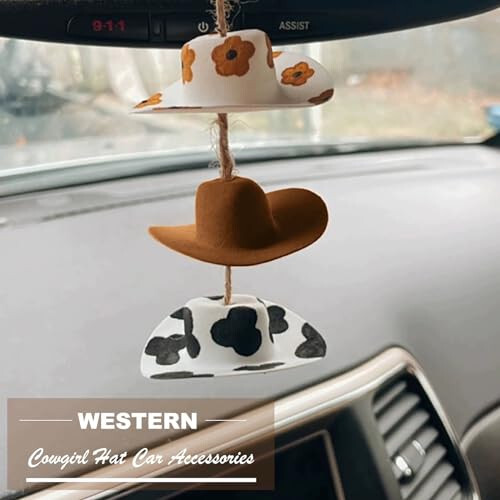 Cowboy Hat Car Charm, Country Rear View Mirror Hanging Accessories, Sunflower Cowgirl Hat Cow Print Car Decor, Cute Handmade Felt Mini Hat Ornament Pendent for Women Girls - 5