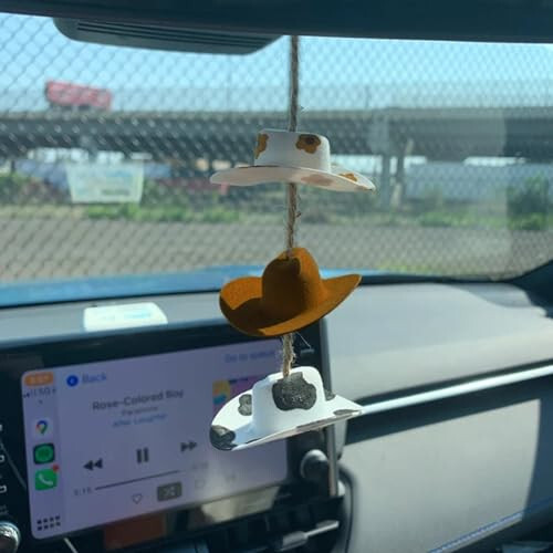 Cowboy Hat Car Charm, Country Rear View Mirror Hanging Accessories, Sunflower Cowgirl Hat Cow Print Car Decor, Cute Handmade Felt Mini Hat Ornament Pendent for Women Girls - 7