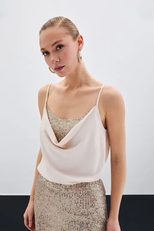 Cowl Neck Blouse - Beige-BEIGE - 3