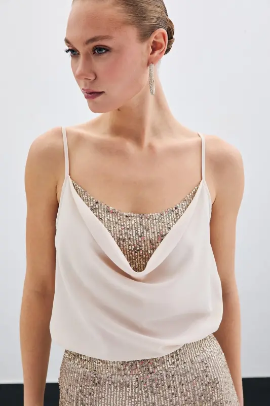 Cowl Neck Blouse - Beige-BEIGE - 4