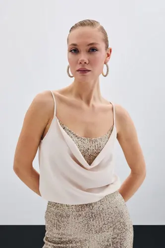 Cowl Neck Blouse - Beige-BEIGE - 5