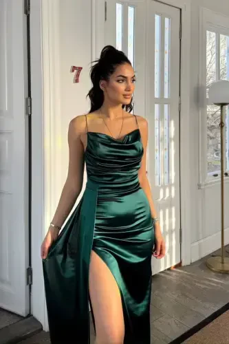 Cowl Neck Slit Evening Dress 582243-EMERALD - 3
