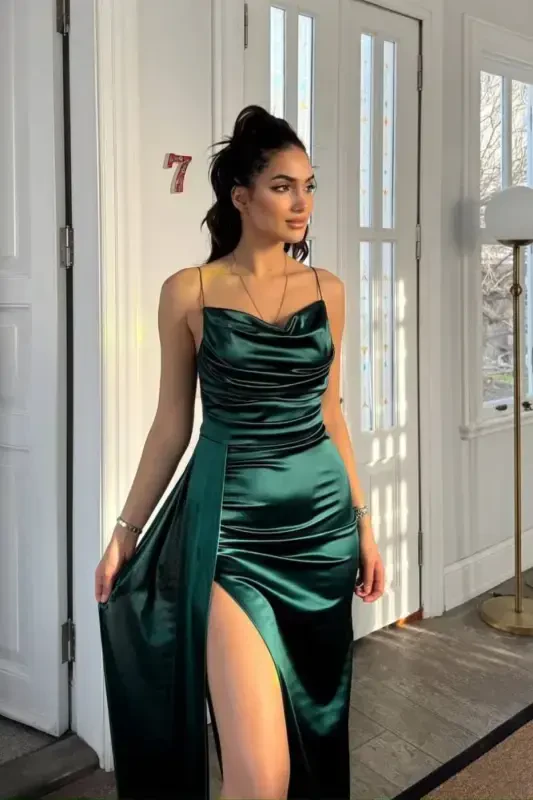 Cowl Neck Slit Evening Dress 582243-EMERALD - 3