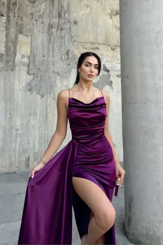 Degaje Yaka Yırtmaçlı Abiye - Mürdüm - 3