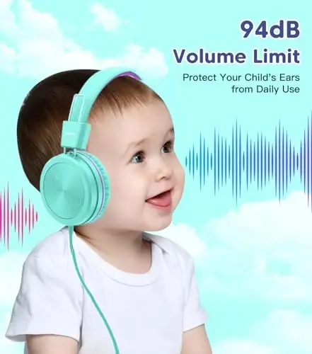 Cowyawn Kids Headphones, Toddler Headphone with Safe Volume Limiter 94dB, Wired School Headphones for Kid, 3.5mm Adjustable On-Ear Headphone for Boys/Girls/Children/Teens/iPad/Computer, Purple Green - 1