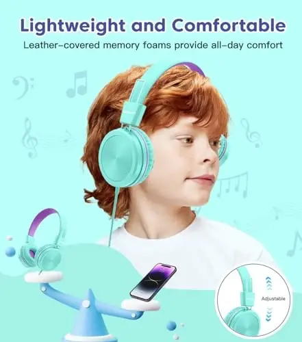 Cowyawn Kids Headphones, Toddler Headphone with Safe Volume Limiter 94dB, Wired School Headphones for Kid, 3.5mm Adjustable On-Ear Headphone for Boys/Girls/Children/Teens/iPad/Computer, Purple Green - 4