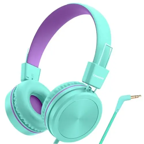Cowyawn Kids Headphones, Toddler Headphone with Safe Volume Limiter 94dB, Wired School Headphones for Kid, 3.5mm Adjustable On-Ear Headphone for Boys/Girls/Children/Teens/iPad/Computer, Purple Green - 6