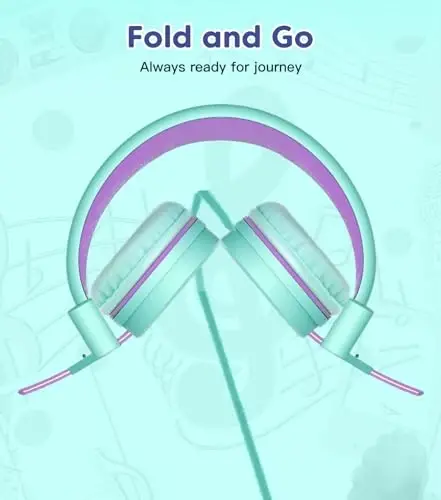 Cowyawn Kids Headphones, Toddler Headphone with Safe Volume Limiter 94dB, Wired School Headphones for Kid, 3.5mm Adjustable On-Ear Headphone for Boys/Girls/Children/Teens/iPad/Computer, Purple Green - 2