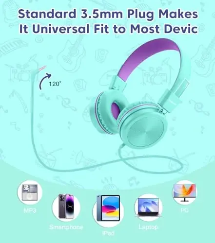Cowyawn Kids Headphones, Toddler Headphone with Safe Volume Limiter 94dB, Wired School Headphones for Kid, 3.5mm Adjustable On-Ear Headphone for Boys/Girls/Children/Teens/iPad/Computer, Purple Green - 5