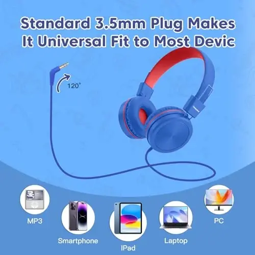 Cowyawn Kids Headphones, Toddler Headphones with Safe Volume Limiter 94dB, Wired School Headphones for Kid, 3.5mm Adjustable On-Ear Headphone for Boys/Girls/Children/Teens/iPad/Computer, Navy Red - 6