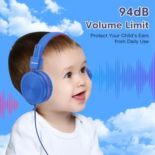 Cowyawn Kids Headphones, Toddler Headphones with Safe Volume Limiter 94dB, Wired School Headphones for Kid, 3.5mm Adjustable On-Ear Headphone for Boys/Girls/Children/Teens/iPad/Computer, Navy Red - 2