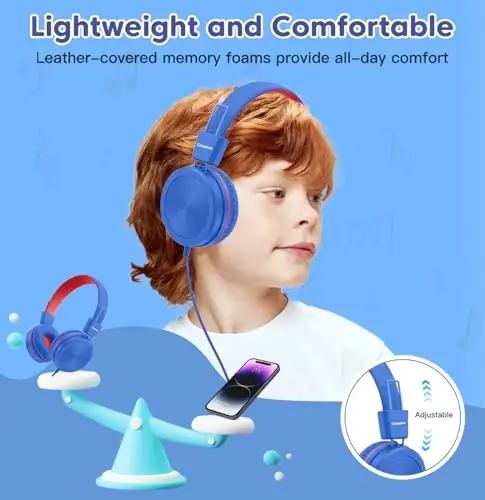 Cowyawn Kids Headphones, Toddler Headphones with Safe Volume Limiter 94dB, Wired School Headphones for Kid, 3.5mm Adjustable On-Ear Headphone for Boys/Girls/Children/Teens/iPad/Computer, Navy Red - 5