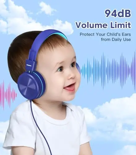 Cowyawn Kids Headphones, Toddler Headphones with Safe Volume Limiter 94dB, Wired School Headphones for Kid, 3.5mm Adjustable On-Ear Headphone for Boys/Girls/Children/Teens/iPad/Computer, Dark Blue - 2