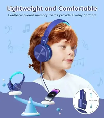 Cowyawn Kids Headphones, Toddler Headphones with Safe Volume Limiter 94dB, Wired School Headphones for Kid, 3.5mm Adjustable On-Ear Headphone for Boys/Girls/Children/Teens/iPad/Computer, Dark Blue - 6