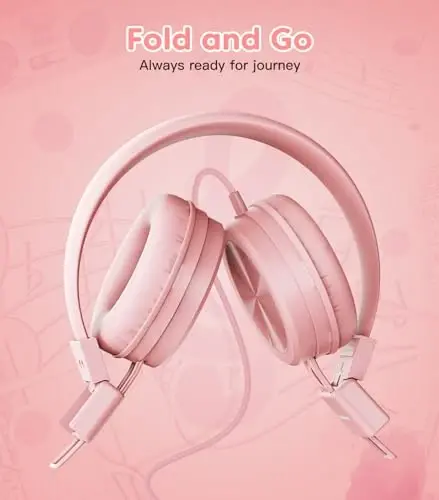 Cowyawn Kids Headphones, Toddler Headphones with Safe Volume Limiter 94dB, Wired School Headphones for Kid, 3.5mm Adjustable On-Ear Headphone for Boys/Girls/Children/Teens/iPad/Computer, Light Pink - 4