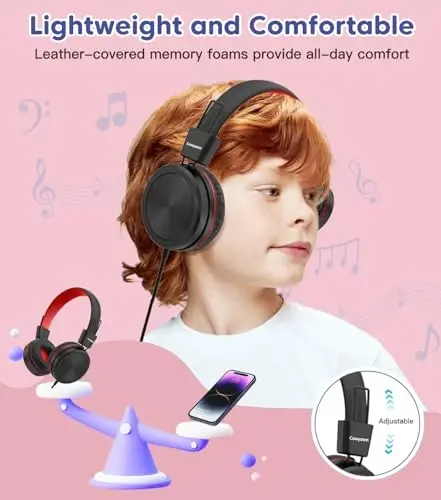 Cowyawn Kids Eshitish vositalari, 94dB xavfsiz ovoz cheklovchisi bilan Toddler naushniklari, bola uchun simli maktab naushniklari, o'g'il/qiz/bolalar/o'smirlar/iPad/kompyuter uchun 3,5 mm sozlanishi quloq naushniklari, qizil qora - 4