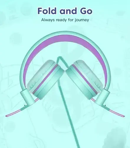 Cowyawn Kids Headphones, Toddler Headphone with Safe Volume Limiter 94dB, Wired School Headphones for Kid, 3.5mm Adjustable On-Ear Headphone for Boys/Girls/Children/Teens/iPad/Computer, Purple Green - 2