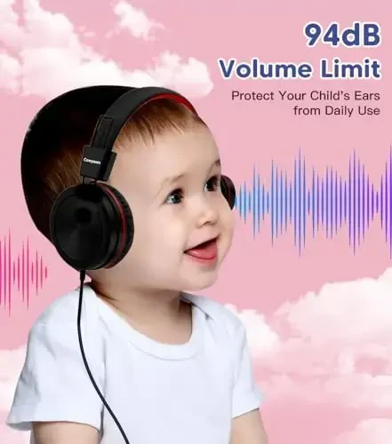 Cowyawn Kids Headphones, Toddler Headphone with Safe Volume Limiter 94dB, Wired School Headphones for Kid, 3.5mm Adjustable On-Ear Headphone for Boys/Girls/Children/Teens/iPad/Computer, Red Black - 1