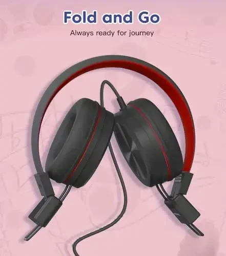 Cowyawn Kids Headphones, Toddler Headphone with Safe Volume Limiter 94dB, Wired School Headphones for Kid, 3.5mm Adjustable On-Ear Headphone for Boys/Girls/Children/Teens/iPad/Computer, Red Black - 2