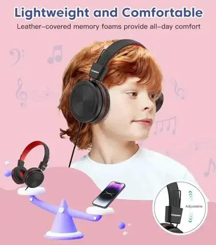 Cowyawn Kids Headphones, Toddler Headphone with Safe Volume Limiter 94dB, Wired School Headphones for Kid, 3.5mm Adjustable On-Ear Headphone for Boys/Girls/Children/Teens/iPad/Computer, Red Black - 4