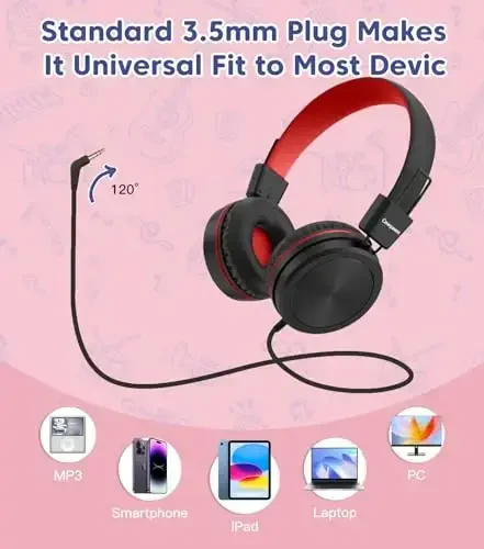 Cowyawn Kids Headphones, Toddler Headphone with Safe Volume Limiter 94dB, Wired School Headphones for Kid, 3.5mm Adjustable On-Ear Headphone for Boys/Girls/Children/Teens/iPad/Computer, Red Black - 5