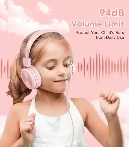 Cowyawn Kids Headphones, Toddler Headphones with Safe Volume Limiter 94dB, Wired School Headphones for Kid, 3.5mm Adjustable On-Ear Headphone for Boys/Girls/Children/Teens/iPad/Computer, Light Pink - 3