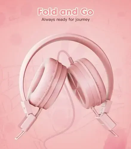 Cowyawn Kids Headphones, Toddler Headphones with Safe Volume Limiter 94dB, Wired School Headphones for Kid, 3.5mm Adjustable On-Ear Headphone for Boys/Girls/Children/Teens/iPad/Computer, Light Pink - 4
