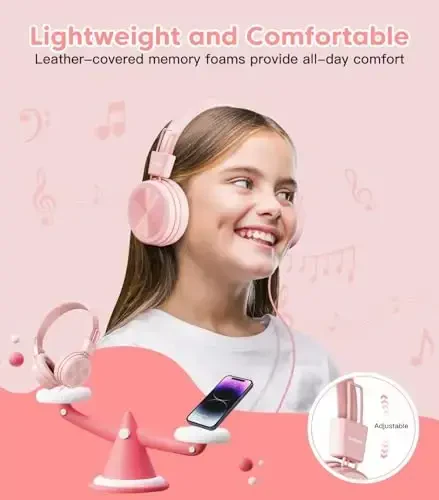 Cowyawn Kids Headphones, Toddler Headphones with Safe Volume Limiter 94dB, Wired School Headphones for Kid, 3.5mm Adjustable On-Ear Headphone for Boys/Girls/Children/Teens/iPad/Computer, Light Pink - 6