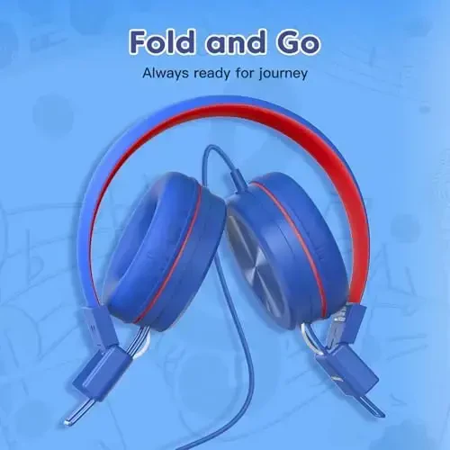 Cowyawn Kids Headphones, Toddler Headphones with Safe Volume Limiter 94dB, Wired School Headphones for Kid, 3.5mm Adjustable On-Ear Headphone for Boys/Girls/Children/Teens/iPad/Computer, Navy Red - 3