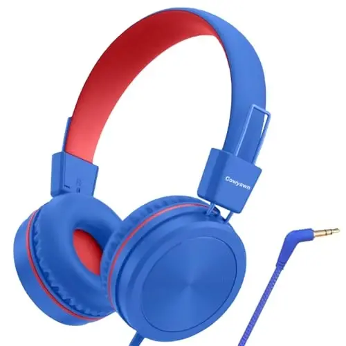 Cowyawn Kids Naushniklar, Xavfsiz Ovoz Cheklovchi 94dB bilan Toddler Naushniklar, Bola uchun simli maktab naushniklari, O'g'il/Qiz/Bolalar/O'smirlar/iPad/Kompyuter uchun 3,5 mm sozlanishi quloqchinli naushnik, Harbiy-dengiz qizil 