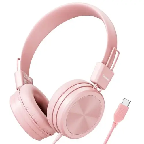 Cowyawn USB Type C Kids Headphones for School, 94dB Volume Limited, Kids Headphones with USB C Cord, HD Stereo Sound, Foldable Lightweight On-Ear USB-C Wired Headphones for Boys/Girls, Light Pink - 1