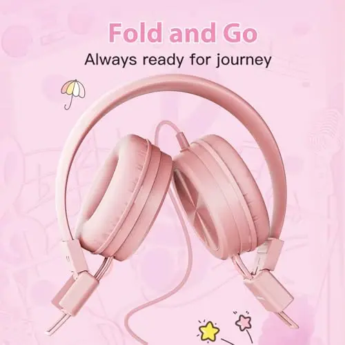 Cowyawn USB Type C Kids Headphones for School, 94dB Volume Limited, Kids Headphones with USB C Cord, HD Stereo Sound, Foldable Lightweight On-Ear USB-C Wired Headphones for Boys/Girls, Light Pink - 6