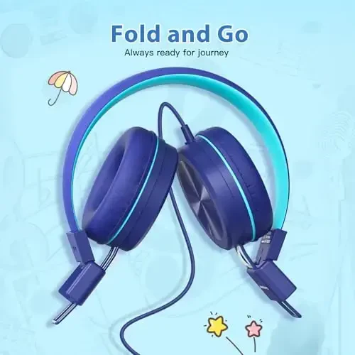 Cowyawn USB Type C Kids Headphones for School, 94dB Volume Limited, Kids Headphones with USB C Cord, HD Stereo Sound, Foldable Lightweight On-Ear USB-C Wired Headphones for Boys/Girls, Dark Blue - 5