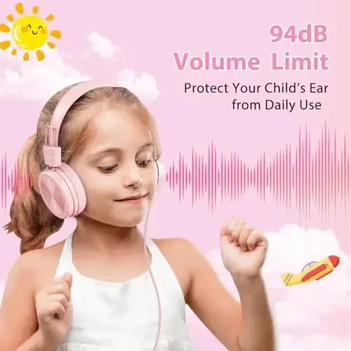 Cowyawn USB Type C Kids Headphones for School, 94dB Volume Limited, Kids Headphones with USB C Cord, HD Stereo Sound, Foldable Lightweight On-Ear USB-C Wired Headphones for Boys/Girls, Light Pink - 2