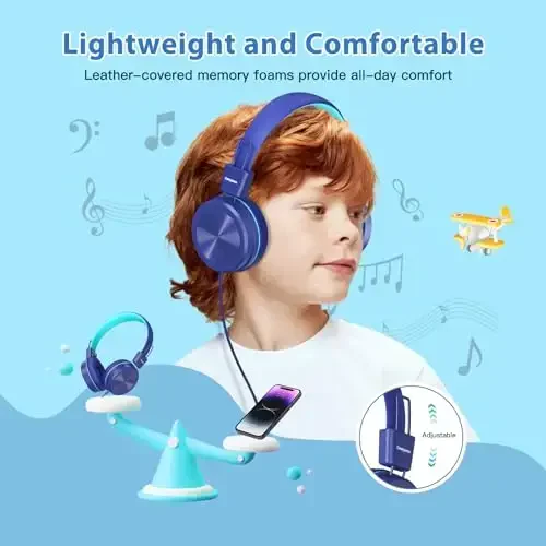 Cowyawn USB Type C maktab uchun bolalar naushniklari, 94 dB ovoz balandligi cheklangan, USB C simli bolalar naushniklari, HD Stereo ovoz, buklanadigan yengil quloq ustidagi USB-C simli naushniklar o'g'il/qizlar uchun, to'q ko'k - 6