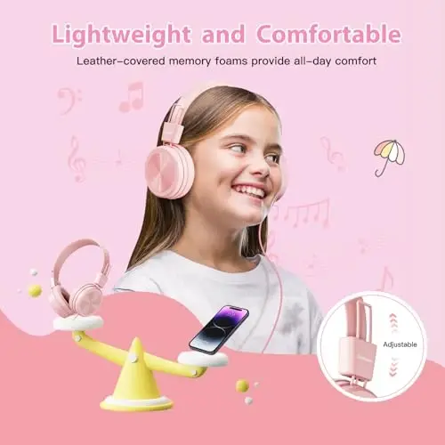 Cowyawn USB Type C maktab uchun bolalar naushniklari, 94dB ovoz balandligi cheklangan, USB C simli bolalar naushniklari, HD stereo ovoz, o‘g‘il/qizlar uchun buklanadigan yengil quloq usti USB-C simli naushniklar, och pushti - 5
