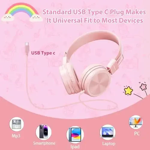 Cowyawn USB Type C maktab uchun bolalar naushniklari, 94dB ovoz balandligi cheklangan, USB C simli bolalar naushniklari, HD stereo ovoz, o‘g‘il/qizlar uchun buklanadigan yengil quloq usti USB-C simli naushniklar, och pushti - 3