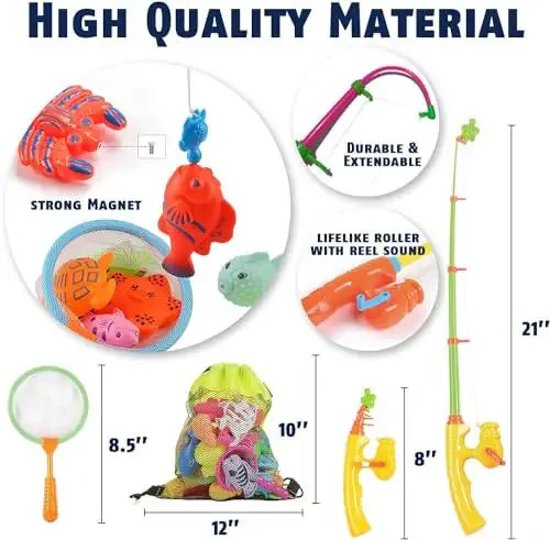 CozyBomB™ Bolalar uchun magnit baliq ovlash hovuzi o'yinchoqlari - Su stoli vannaxonasi bolalar partiyasi o'yinchoqlari, qutb tayoqchasi to'ri, plastik suzib yuruvchi baliqlar, bolalar rangi, okean dengiz hayvonlari sovg'alari, 3 4 5 6 yosh - 2