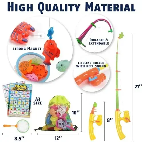 CozyBomB™ Magnetic Fishing Toys Game Set for Kids | Water Table Bathtub Kiddie Pool Party Pole Rod Net, Outdoor Plastic Floating Fish, Toddler Bath Color Ocean Sea Animals Birthday Gift Age 3-5 6 4-8 - 3