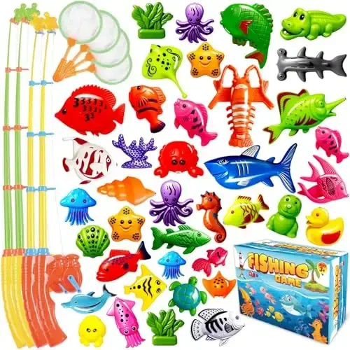 CozyBomB™ Magnetic Fishing Toys Game Set for Kids | Water Table Bathtub Kiddie Pool Party & Pole Rod Net, Plastic Floating Fish Toddler Color Ocean Sea Animals Birthday Age 3 4 5 6 Year - COZYBOMB™