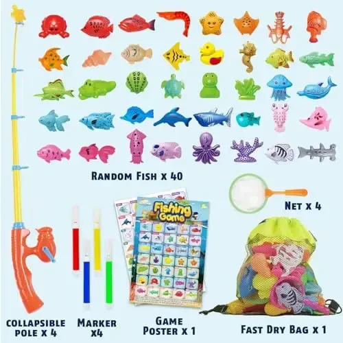 CozyBomB™ Magnetic Fishing Toys Game Set for Kids | Water Table Bathtub Kiddie Pool Party & Pole Rod Net, Plastic Floating Fish Toddler Color Ocean Sea Animals Birthday Age 3 4 5 6 Year - COZYBOMB™ (1)