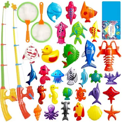 CozyBomB™ Magnetic Fishing Pool Toys Game for Kids - Water Table Bathtub Kiddie Party Toy with Pole Rod Net Plastic Floating Fish Toddler Color Ocean Sea Animals Gifts Age 3 4 5 6 Year Old - 1