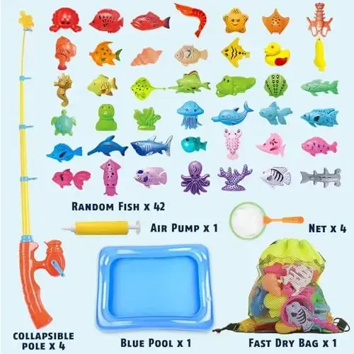CozyBomB™ Magnetic Fishing Toys Game Set for Kids | Water Table Bathtub Kiddie Pool Party & Pole Rod Net, Plastic Floating Fish Toddler Color Ocean Sea Animals Birthday Age 3 4 5 6 Year - 2