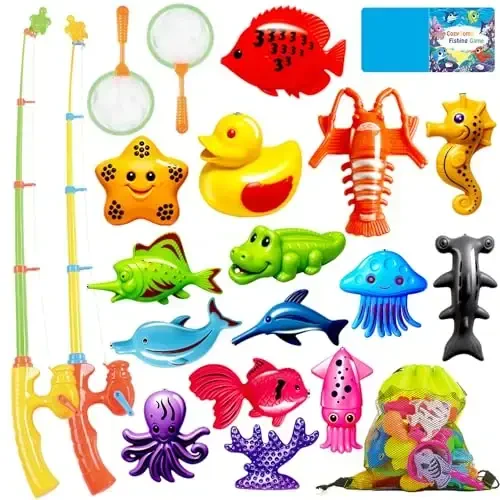 CozyBomB™ Magnetic Fishing Toys Game Set for Kids | Water Table Bathtub Kiddie Pool Party & Pole Rod Net, Plastic Floating Fish Toddler Color Ocean Sea Animals Birthday Age 3 4 5 6 Year 