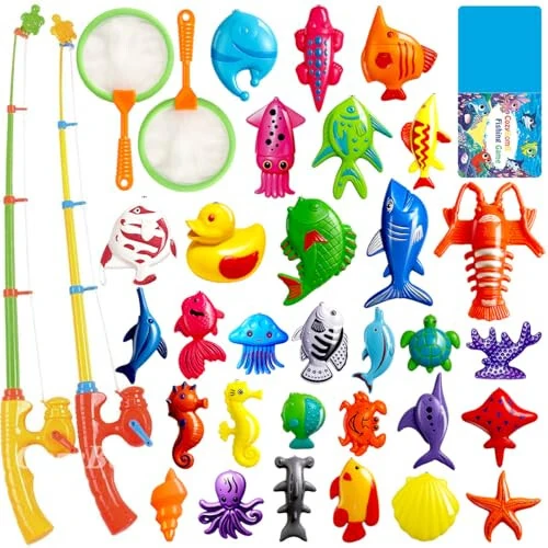 CozyBomB™ Magnetic Fishing Toys Game Set for Kids | Water Table Bathtub Kiddie Pool Party & Pole Rod Net, Plastic Floating Fish Toddler Color Ocean Sea Animals Birthday Age 3 4 5 6 Year - CozyBomB™