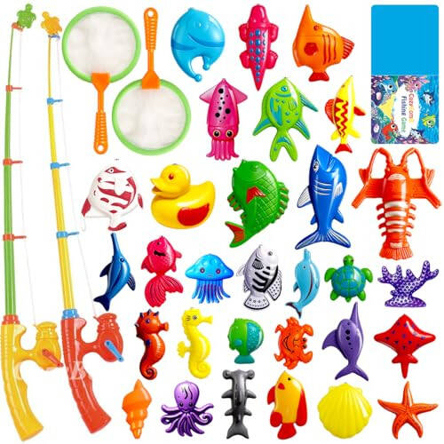 CozyBomB™ Magnetic Fishing Toys Game Set for Kids | Water Table Bathtub Kiddie Pool Party Pole Rod Net, Outdoor Plastic Floating Fish, Toddler Bath Color Ocean Sea Animals Birthday Gift Age 3-5 6 4-8 - 1