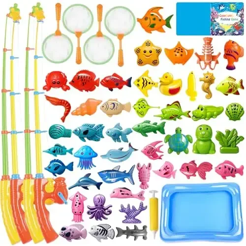 CozyBomB™ Magnetic Fishing Toys Game Set for Kids | Water Table Bathtub Kiddie Pool Party Pole Rod Net, Outdoor Plastic Floating Fish, Toddler Bath Color Ocean Sea Animals Birthday Gift Age 3-5 6 4-8 